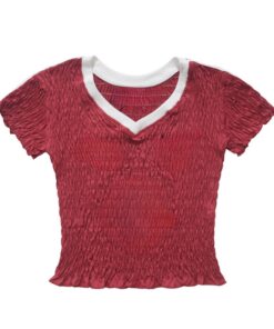 Elegant Red Pleated V-Neck T-Shirt